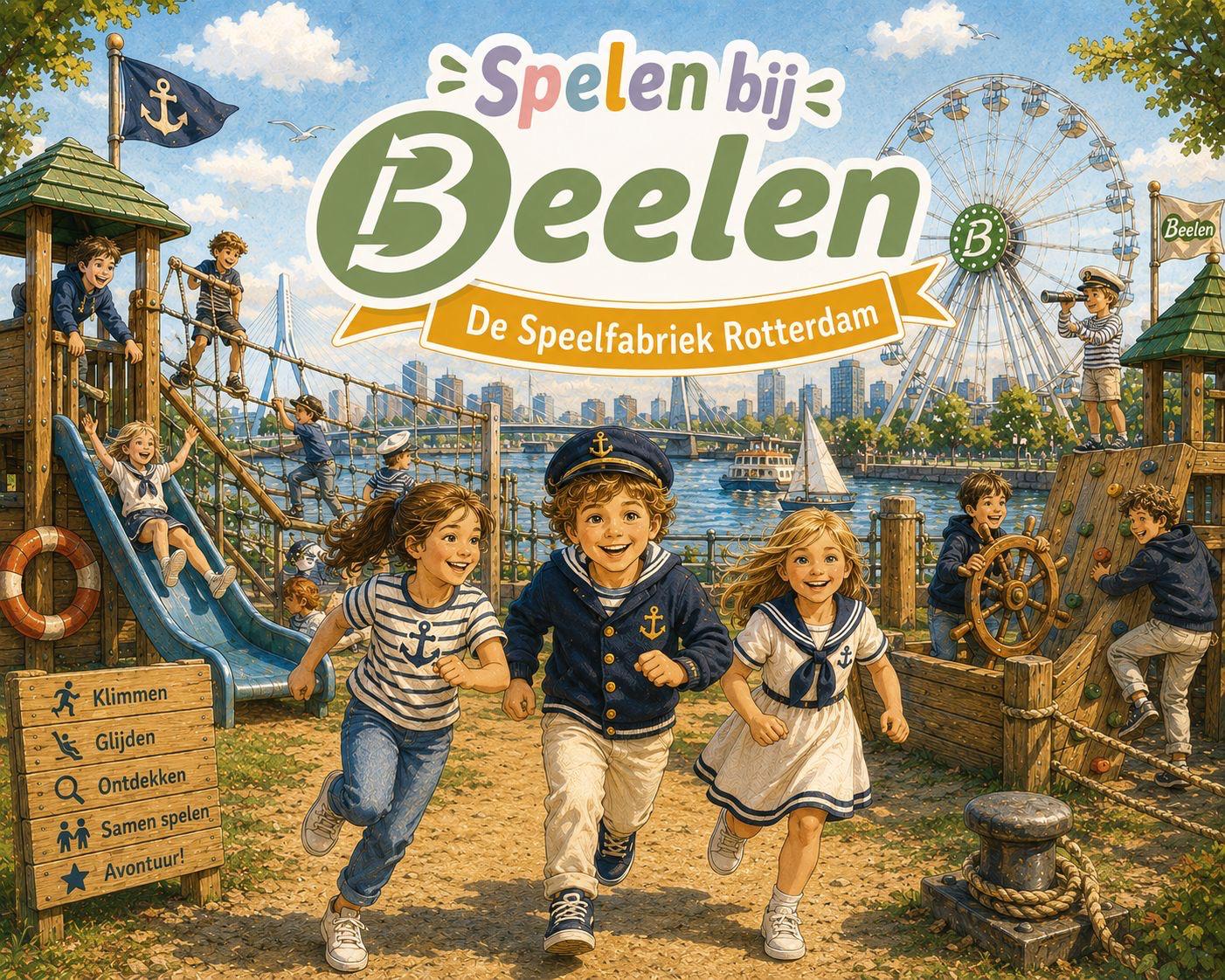 Spelen bij Beelen — kinderen spelen aan de Maas met uitzicht op de Erasmusbrug, het reuzenrad en de speeltoestellen van De Speelfabriek Rotterdam